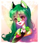  2019 5_fingers anthro black_nose breasts brown_eyes canid canine clothed clothing digital_media_(artwork) eyebrows eyelashes female fingers fox green_hair hair mammal pacevanrign smile solo 