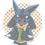  1:1 2021 anthro armband beverage beverage_can canid digital_media_(artwork) dotted_background fur happy hi_res hiyaudon holding_beverage holding_can holding_object looking_at_viewer lucario male mammal nintendo pattern_background pivoted_ears pok&eacute;mon pok&eacute;mon_(species) signature simple_background smile solo spiked_armband spikes tongue tongue_out video_games 