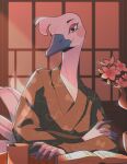  animal_crossing anthro asian_clothing avian beak bird blanche_(animal_crossing) book clothed clothing crossed_arms cup detailed_background digital_drawing_(artwork) digital_media_(artwork) east_asian_clothing eyeshadow feathers female flower half-length_portrait hi_res inside japanese_clothing kimono long_neck looking_at_viewer makeup nails nintendo ostrich plant portrait ratite reading rexumin shaded smile solo video_games white_body white_feathers 