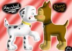  blush canid canine canis chase_(paw_patrol) domestic_dog duo eyes_closed feral jocelynminions kissing male male/male mammal marshall_(paw_patrol) mouth_play paw_patrol raised_leg shocked_expression wide_eyed 