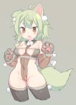  2019 animal_humanoid blush breasts canid canid_humanoid clothing digital_media_(artwork) female gloves green_hair grey_background hair handwear humanoid legwear mammal mammal_humanoid niniidawns open_mouth paw_gloves shaded simple_background solo stockings 