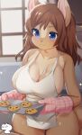  2019 anthro apron blue_eyes blush breasts brown_body brown_fur brown_hair canid clothing digital_media_(artwork) female food fur gloves hair handwear hi_res holding_food holding_object holding_tray inside mammal niniidawns shaded smile solo wide_hips window 