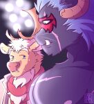  anthro antlers capreoline cervid duo girl_staring_at_man&#039;s_chest hi_res horn humor krampus_(housamo) male male/male mammal meme monster muscular muscular_anthro muscular_male nipples pecs reindeer scar that1greenbro tokyo_afterschool_summoners video_games youl 