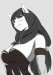  ankama anthro armlet black_hair blush blush_lines breasts cleavage clothed clothing dofus ecaflip felid female fursin grey_background hair hi_res long_hair mammal miranda_(wakfu) monochrome simple_background solo tied_hair video_games wakfu 