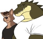  2021 absurd_res anthro canid canine canis clothed clothing crocodile crocodilian crocodylid darknaigart duo fur girl_staring_at_man&#039;s_chest hair hi_res looking_at_another looking_at_muscles male mammal meme muscular muscular_anthro muscular_male pecs reptile scales scalie sharp_teeth shirt simple_background stare teeth topwear white_background wolf 