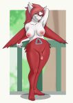  2021 anthro anthrofied breasts eyewear eyewear_only freckles gefauz genitals glasses glasses_only gynomorph hair hi_res intersex latias legendary_pok&eacute;mon looking_aside navel nintendo nipples nude penis pok&eacute;mon pok&eacute;mon_(species) pok&eacute;morph red_body red_hair smile solo standing video_games 