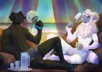  anthro bird_dog black_body black_fur bodily_fluids bovid canid canine canis caprine clothed clothing domestic_dog drinking_water duo fur horn hunting_dog labrador male mammal mizuki-chan paws retriever runeka sea sheep sitting sweat underwear water 