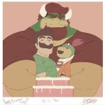  2021 absurd_res anthro beard border bowser bowser_day bowser_jr. cake child clothed clothing dessert english_text eyebrows eyes_closed facial_hair family father father_and_child father_and_son food hair hi_res horn hug human koopa luigi male mammal mario_bros mustache nintendo open_mouth open_smile parent parent_and_child pink_background scalie shadowmatamori shirt signature simple_background size_difference smile son text topwear trio url video_games white_border young 