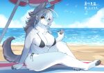  2021 4_fingers 4_toes ahoge anthro beach beach_towel beach_umbrella big_breasts bikini breasts canid canine canis cheek_tuft chest_tuft claws cleavage clothed clothing cloud day facial_tuft feet female finger_claws fingers fluffy fur grey_body grey_fur grey_hair grey_nose hair inner_ear_fluff japanese_text kemono lemoco long_hair looking_at_viewer mammal multicolored_body multicolored_fur multicolored_hair navel neck_tuft on_ground outside pawpads paws sea seaside sitting sky slightly_chubby smile smiling_at_viewer solo swimwear text thick_thighs toe_claws toes towel translation_request tuft water white_body white_fur white_hair wolf yellow_eyes 
