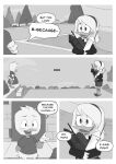  absurd_res anatid anseriform avian bird blush clothing comic della_duck dewey_duck dialogue disney duck ducktales ducktales_(2017) female hi_res male monochrome mother mother_and_child mother_and_son parent parent_and_child son therita3k 