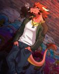  absurd_res anthro bottomwear brick_wall brown_hair cigarette clothing draftgon dragon graffiti hair hands_in_pockets hi_res horn jacket jewelry male necklace pants pockets red_body scalie shirt solo topwear wall_(structure) white_clothing white_shirt white_topwear 