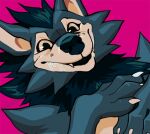  2021 animated black_body black_eyes black_mane canid canine claws conditional_dnp digital_media_(artwork) fangs fur hair licking looking_at_viewer low_res mammal mane purple_background rubber short_playtime simple_background smile tongue tongue_out trunchbull zeich 