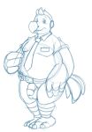  2020 animal_crossing anthro avian balls belly bird blue_and_white bravo clothing columbid dodo flaccid genitals male monochrome necktie nintendo orville_(animal_crossing) overweight overweight_male penis shirt simple_background sketch solo topwear video_games white_background 