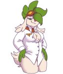  anthro boob_window bottomless clothed clothing dress_shirt eyewear female fur garbatge goggles grace_mustang green_eyes green_hair hair hands_on_hips legendary_pok&eacute;mon long_ears nintendo pink_nose pok&eacute;mon pok&eacute;mon_(species) scarf shaymin shirt sky_forme_shaymin smile solo topwear video_games white_body white_fur 