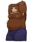  2021 anthro armpit_hair belly black_nose blush body_hair bottomwear brown_body brown_fur bulge clothing fur hagom hi_res juuichi_mikazuki kemono male mammal moobs morenatsu navel nipples overweight overweight_male pants simple_background solo ursid video_games visual_novel white_background 