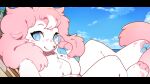  16:9 2021 anthro blue_eyes blue_pawpads canid cloud day female fur looking_at_viewer lying mammal mee0118 nude outside pawpads pink_body pink_fur smile solo white_body white_fur widescreen 