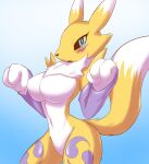  anthro bandai_namco black_sclera blue_eyes blush breasts canid canine digimon digimon_(species) featureless_breasts female fur hi_res looking_at_viewer mammal nude renamon solo tuft white_body white_fur yellow_body yellow_fur zerokun135 