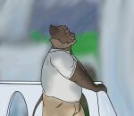  2020 animated anthro arm_support balcony beard belly bottomwear brown_body brown_fur bulge clothing custardalvis eyewear facial_hair fur glasses half-length_portrait hi_res jehu_(sihai&#039;s_legacy) khakis long_tail looking_up male mammal outside overweight overweight_male pants portrait raining rolled_sleeves scar shirt short_ears short_playtime side_view sihai&#039;s_legacy solo standing suid suina sus_(pig) topwear tusks wet wet_clothing wet_shirt wet_topwear wild_boar 
