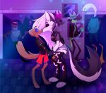  anthro background_character blush canid canid_demon canon_x_oc clothed clothing dancing demon duo ear_piercing fan_character female geryghosty hellhound helluva_boss helluva_exterminator hi_res kissing loona_(vivzmind) male male/female mammal party piercing poch_(helluva_exterminator) story surprise 