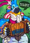  ... 5_fingers ? accordion amber_eyes anthro avian beak biped bird black_beak blue_body blue_feathers breath_of_the_wild cheek_tuft chest_tuft clothed clothing detailed_background english_text facial_tuft feathers fingers green_background hi_res holding_object kass_(tloz) looking_at_viewer male musical_instrument musical_note muttasaur nintendo open_beak open_mouth plant rito scarf simple_background solo text the_legend_of_zelda tongue tuft video_games white_clothing yellow_body yellow_feathers 