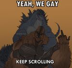  2020 ape duo feral gesture godzilla godzilla_(series) gorilla haplorhine hi_res kaiju king_kong lizard male male/male mammal meme middle_finger monstatron multicolored_body muscular muscular_male primate reptile scalie scar simple_background stated_homosexuality stated_sexuality toho two_tone_body 