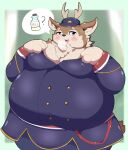  2021 anthro blush cervid clothed clothing green_body hat headgear headwear hi_res kazusa kemono kusosensei male mammal milk_bottle obese obese_male overweight overweight_male simple_background solo tamacolle 