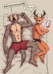  2021 absurd_res anthro antlers beastars bed biped black_clothing black_nose black_underwear brown_body brown_eyes brown_fur canid canine canis cellphone cervid clothing dialogue duo english_text eyes_closed ffog fur furniture grey_background grey_body grey_fur grey_tail hi_res horn legoshi_(beastars) looking_at_another louis_(beastars) lying male male/male mammal muscular muscular_anthro muscular_male open_mouth phone pillow red_clothing red_underwear simple_background smartphone snoring speech_bubble tan_body tan_fur text underwear wolf 