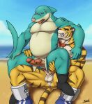  2_penises anal anthro build_tiger duo felid fish genitals hi_res kraidhiel male male/male mammal marine multi_genitalia multi_penis muscular pantherine penis shark tiger 