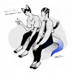  anthro blue-tailed_skink bottomwear clothing domestic_cat duo felid feline felis footwear hi_res japanese_text lizard male mammal mucknagabe necktie pants peace_symbol reptile scalie shoes simple_background sitting skink text white_background 