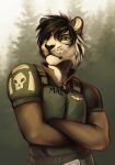  2020 anthro armor black_hair black_stripes clothed clothing dannonitan day detailed_background digital_media_(artwork) eyebrows eyelashes felid fur green_eyes hair imperial_guard male mammal outside pantherine striped_body striped_fur stripes tiger warhammer_(franchise) warhammer_40000 