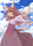  2021 5_fingers accessory anthro blush breasts brown_body brown_fur brown_hair brown_nose choker clothed clothing cloud cute_fangs day domestic_cat dress ear_piercing felid feline felis female fingers fur furgonomics gundam gundam_build_divers_re:rise hair hair_accessory hi_res horokusa0519 inner_ear_fluff jewelry kemono long_hair maiya_(gundam_build_divers_re:rise) mammal necklace open_mouth open_smile outside piercing portrait sky small_breasts smile solo tail_accessory three-quarter_portrait tongue tuft 