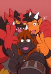  anthro beanie besitius black_body black_fur black_hair brown_hair clothing dragon facial_hair felid fur gesture goatee group hair hat headgear headwear hi_res hikaze_(character) hikazedragon horn incineroar lion looking_at_viewer male mammal nintendo one_eye_closed orange_body pantherine pok&eacute;mon pok&eacute;mon_(species) red_background red_body red_fur selfie simple_background tongue tongue_out v_sign video_games wink 