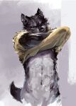  anthro black_body black_fur canid canine canis clothed clothing clothing_lift fur male mammal racoonwolf shirt shirt_lift simple_background solo topwear wolf yellow_clothing yellow_shirt yellow_topwear 