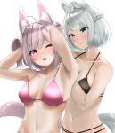  2girls animal_ear_fluff animal_ears aqua_eyes armpits bare_shoulders bikini black_bikini blue_eyes blush braid breasts character_request commentary_request eyebrows_visible_through_hair fox_ears fox_girl fox_tail french_braid hair_between_eyes hair_ornament heterochromia highres large_breasts long_hair multiple_girls navel open_mouth pink_bikini red_eyes short_hair silver_hair smile swimsuit tail tama_(seiga46239239) vrchat white_background 
