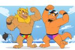  3_toes 4_toes anthro beach beanie bisexual_pride_colors black_hair blonde_hair blonde_mane bottomwear clothed clothing dragon duo facial_hair feet felid fur goatee hair hat headgear headwear hi_res hikaze_(character) hikazedragon lgbt_pride lion male mammal mane multicolored_bottomwear multicolored_clothing navel orange_body pantherine pride_colors rainbow_bottomwear rainbow_clothing seaside sky speedo standing swimwear toes topless 