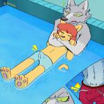  1:1 ? anthro bulge clothed clothing duo erection erection_under_clothing fur genitals germoz green_eyes hi_res male male/male swimming_pool swimming_trunks swimwear yellow_body 