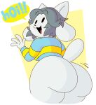  2016 anthro artist beesandbutts big_butt bottomless butt canid canine clothed clothing digital_media_(artwork) felid feline female hair hi_res mammal shirt simple_background solo tem temmie_(undertale) text thick_thighs topwear undertale video_games white_body 
