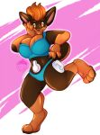  2018 anthro belly_valve big_breasts blue_clothing blue_topwear blue_underwear blush blush_lines breasts brown_body brown_claws brown_ears brown_nose brown_pawpads canid canine canis claws clothing daniel156161_(character) dobermann domestic_dog erika_(daniel156161) female front_view glistening glistening_body hair hand_on_head handle hi_res inflatable mammal nut-case on_one_leg open_mouth orange_body orange_eyes orange_hair orange_paws pawpads pink_background pinscher pool_toy rubber seam_(sewing) short_hair short_tail simple_background smile solo standing thick_tail topwear underwear 