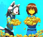 anthro canid canine clothed clothing felid feline flower fur hair human mammal open_mouth plant protagonist_(undertale) simple_background tem temmie_(undertale) topwear undertale video_games white_body white_fur 