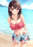  1girl :o arms_behind_back bangs bare_shoulders beach bikini blue_sky blurry blurry_background blush bow breasts brown_hair cleavage cloud collarbone floral_print hair_bow highres holding_own_arm long_hair looking_at_viewer medium_breasts midriff navel ocean open_mouth original outdoors pink_bikini pink_bow pink_eyes skirt sky solo standing swimsuit water white_skirt yukimaru217 