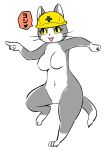  &lt;3 anthro armor breasts domestic_cat featureless_breasts featureless_crotch felid feline felis female fur gesture grey_body grey_fur hard_hat headgear helmet hi_res mammal melonleaf navel nude open_mouth pointing safety_cat simple_background solo white_background white_body white_fur yellow_sclera 