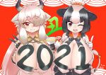  2021 2girls absurdres animal_ears bell black_hair body_writing bottle breasts brown_eyes chinese_zodiac cleavage_cutout clothing_cutout cow_ears cow_girl cow_tail cup eyebrows_visible_through_hair gloves grin hair_over_one_eye highres holstein_friesian_cattle_(kemono_friends) huge_breasts kemono_friends long_hair miji_doujing_daile milk milk_bottle multicolored_hair multiple_girls new_year open_mouth ox_ears ox_girl ox_horns pointing pointing_up red_background short_hair sidelocks silver_hair smile tail tail_bell tail_ornament two-tone_hair v very_long_hair white_hair yak_(kemono_friends) year_of_the_ox 