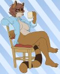  2020 5_toes absurd_res anthro beverage big_breasts black_nose bottomless breasts brown_body brown_hair canid canine casual_exposure chair claws clothed clothing coffee dabunnox ear_piercing feet female furniture hair half-closed_eyes hi_res holding_mug humanoid_feet inner_side_boob mammal mole_(marking) narrowed_eyes piercing raccoon_dog shirt short_hair simple_background sitting solo tanuki toe_claws toes topwear 
