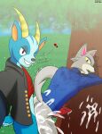 anal anal_penetration animal_crossing animal_genitalia animal_humanoid animal_penis anthro anthro_on_anthro anthro_penetrated anthro_penetrating anthrofied antlers balls blue_body blue_fur bodily_fluids bruce_(animal_crossing) butt canid canid_humanoid canine canine_humanoid canis clothed clothing cum duo dustin_c erection fang_(animal_crossing) fur genital_fluids genitals grey_body grey_fur hair hi_res horn humanoid looking_at_viewer male male/male male_penetrated male_penetrating male_penetrating_male mammal mammal_humanoid nintendo open_mouth penetration penis sex simple_background smile text topwear video_games wolf 