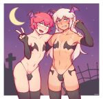  2018 5_fingers blue_eyes bulge clothed clothing cody_(dross) demon digital_media_(artwork) dross duo fingers front_view gesture girly hair head_wings hi_res humanoid jamie_(dross) legwear long_hair male moon night not_furry panties portrait short_hair skimpy sky standing suntan tan_line thigh_highs three-quarter_portrait tongue tongue_out underwear v_sign wings 