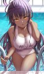  1girl bangs bare_arms bare_shoulders blue_archive blush breasts character_name cleavage collarbone covered_navel dark_skin eyebrows_visible_through_hair halo highres karin_(blue_archive) large_breasts long_hair looking_at_viewer one-piece_swimsuit parted_lips pool pool_ladder purple_hair school_swimsuit solo swimsuit thighs water wet white_swimsuit yasojima_nejiro yellow_eyes 