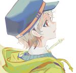  1boy black_headwear coat commentary_request drawstring from_behind green_coat hat hood hood_down hooded_coat light_brown_hair looking_away male_focus orange_eyes original parted_lips portrait short_hair simple_background solo torino_kawazu very_short_hair white_background 