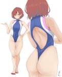 1girl :o absurdres angle ass back back_cutout backless_outfit backless_swimsuit bare_legs bare_shoulders berserkert blush clothing_cutout competition_swimsuit from_behind hair_ornament hairclip hand_on_hip hand_up highleg highleg_swimsuit highres higuchi_madoka idolmaster idolmaster_shiny_colors looking_at_viewer mole mole_under_eye multiple_views one-piece_swimsuit red_hair sandals standing swimsuit 