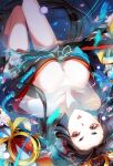  1girl black_hair breasts hikimayu large_breasts long_hair looking_at_viewer off_shoulder oiran onmyoji partially_submerged red_eyes solo vilor water wet youtouhime 