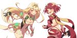  2girls bangs bare_shoulders black_gloves blonde_hair breasts chagi_chage chest_jewel cleavage cleavage_cutout clothing_cutout dress earrings elbow_gloves fingerless_gloves gloves hair_ornament jewelry large_breasts long_hair multiple_girls mythra_(xenoblade) pyra_(xenoblade) red_eyes red_hair red_legwear red_shorts short_dress short_hair short_shorts shorts smile swept_bangs thighhighs tiara very_long_hair white_dress white_gloves xenoblade_chronicles_(series) xenoblade_chronicles_2 yellow_eyes 